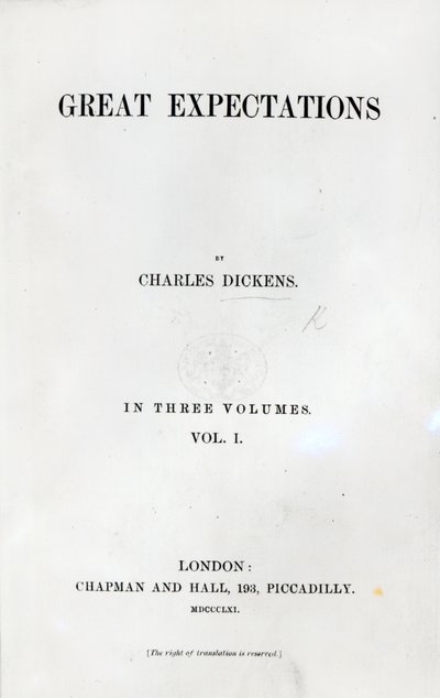 Pagina del titolo di Grandi Speranze di Charles Dickens, prima edizione, 1861 da English School