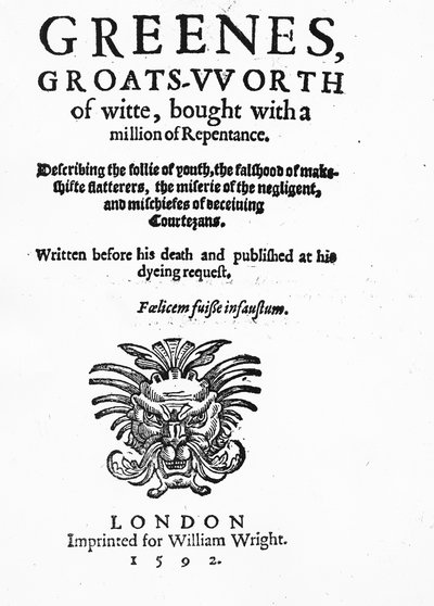 Frontespizio di Greenes Groats-Worth of Wit, attribuito a Robert Greene, pubblicato nel 1592 da English School