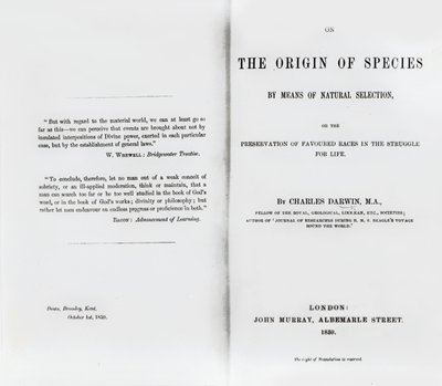 Pagina del titolo di On the Origin of Species di Charles Darwin, pubblicato nel 1859 da English School