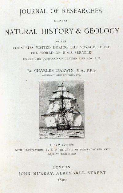 Pagina del titolo di The Voyage of the Beagle di Charles Darwin, edizione pubblicata nel 1890 da English School