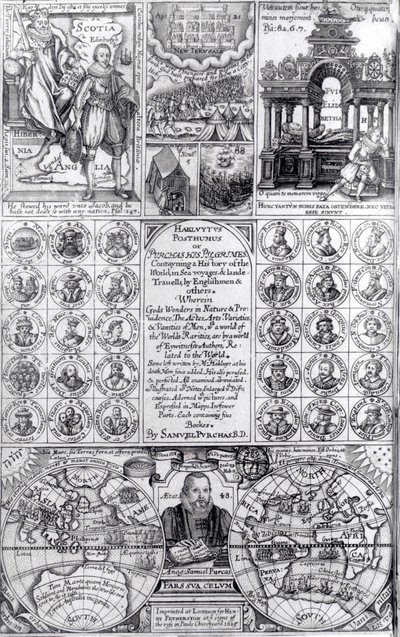 Pagina del titolo della prima edizione di Hakluytus Posthumus o Purchas His Pilgrimes, pubblicato nel 1625 da English School