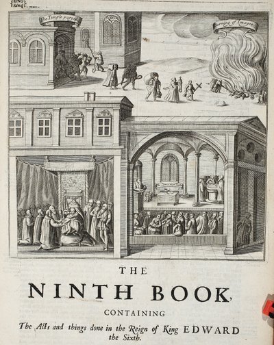 Pagina del titolo del nono libro, illustrazione da Atti e Monumenti di John Foxe, nona edizione, pub. 1684 da English School