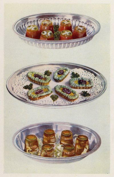Creme di pomodoro; Gondole di acciughe; Gamberetti in aspic da English School