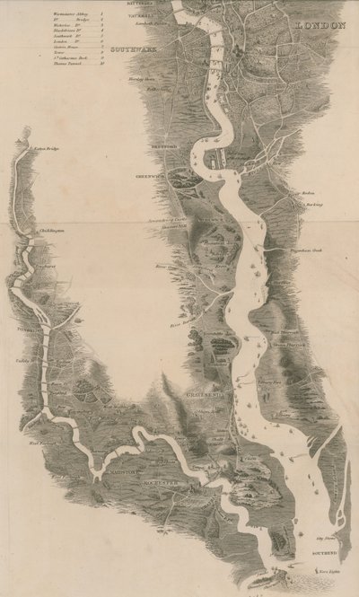 Mappa panoramica del Tamigi e Medway di Tombleson da English School