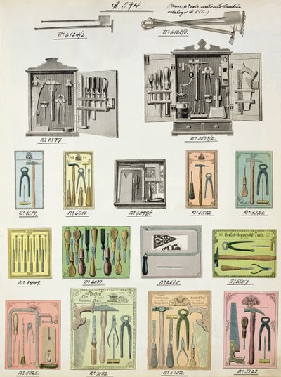 Strumenti e cassette degli attrezzi da un catalogo commerciale di beni domestici e accessori, c.1890-1910 da English School