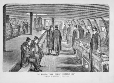 Ponte superiore della nave ospedale Unite attaccata agli scafi a Woolwich, da The Criminal Prisons of London and Scenes of Prison Life di Henry Mayhew e John Binny, 1862 da English School