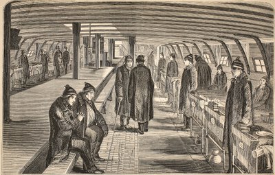 Ponte superiore della nave ospedale Unite, attaccata alle navi a Woolwich, illustrazione da The Criminal Prisons of London and Scenes from Prison Life di Henry Mayhew e John Binny, pub. 1862 da English School