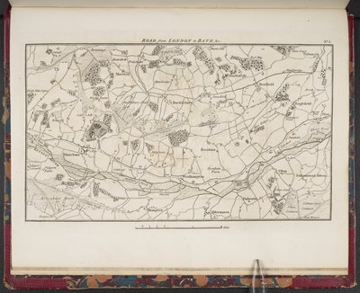 Mappa topografica della Grande Strada da Londra a Bath e Bristol, con il paese tre miglia su ogni lato... da English School
