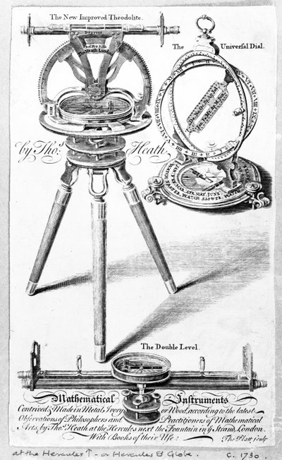Carta commerciale per Thomas Heath, produttore di strumenti matematici, stampa realizzata da Thomas Platt, c.1730 da English School