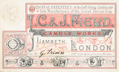 Biglietto commerciale, J C and J Field Candle Works da English School