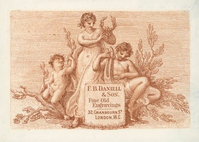 Biglietto da visita per F B Daniell & Son, vecchie incisioni di pregio, Londra da English School