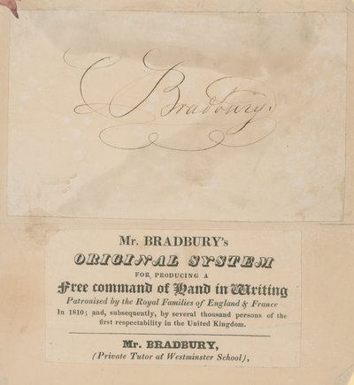 Biglietto da visita per il sistema originale del signor Bradbury per ottenere una scrittura fluida da English School