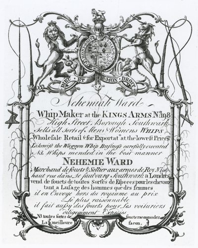Biglietto da visita per Nehemiah Ward, fabbricante di fruste di Southwark da English School