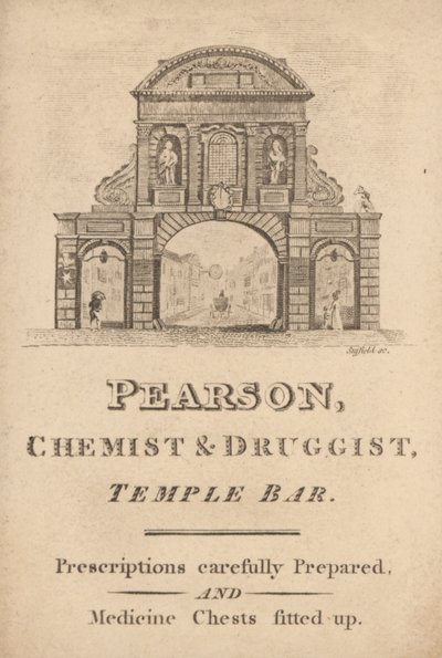Carta commerciale per Pearson, chimico e farmacista, Temple Bar, Londra da English School