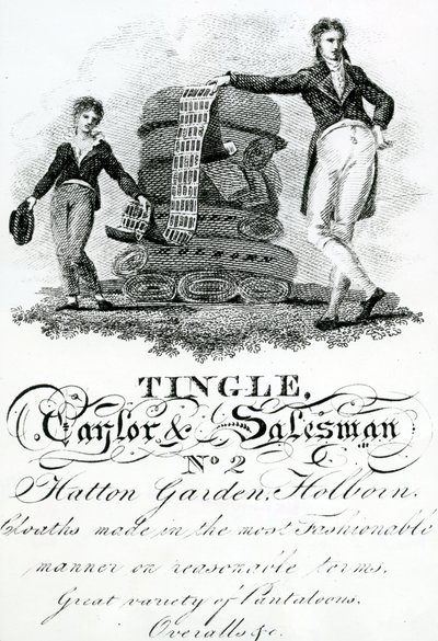 Biglietto da visita per Tingle, Taylor e Salesman, No 2 Hatton Garden, Holborn (incisione) da English School
