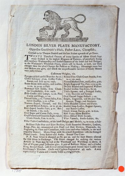 Biglietto da visita per la London Silver Plate Manufactory, 1788 da English School