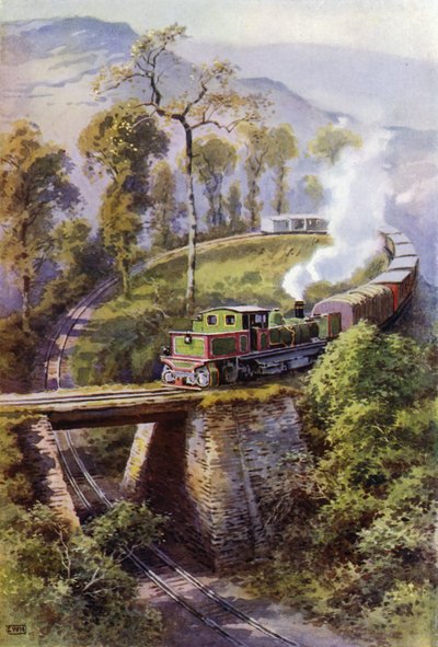 Treno che gira Agony Point, un anello sulla Darjeeling Himalayan Railway, India da English School