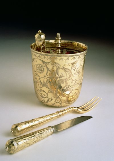 Set da viaggio di coltello, forchetta, cucchiaio e bicchiere, c.1690 (argento) da English School