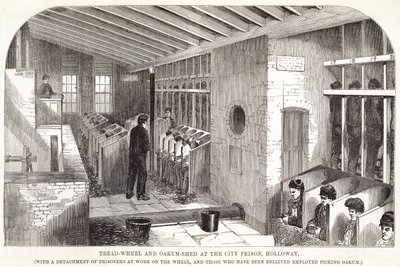 Ruota da calpestio e capannone di Oakum alla prigione della città, Holloway, da The Criminal Prisons of London and Scenes of Prison Life di Henry Mayhew e John Binny, 1862 da English School