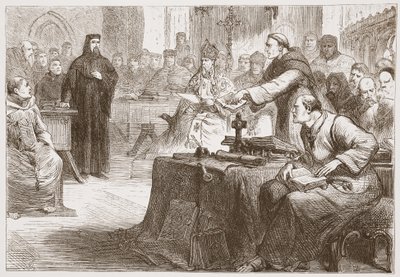 Processo di Wicliffe, illustrazione da La storia del protestantesimo di James Aitken Wylie (1808-1890), pub. 1878 da English School