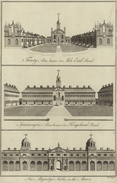 Trinity Almshouses in Mile End Road, Ironmongers Almshouses in Kingsland Road e le Scuderie di Sua Maestà nelle Mews, Londra da English School
