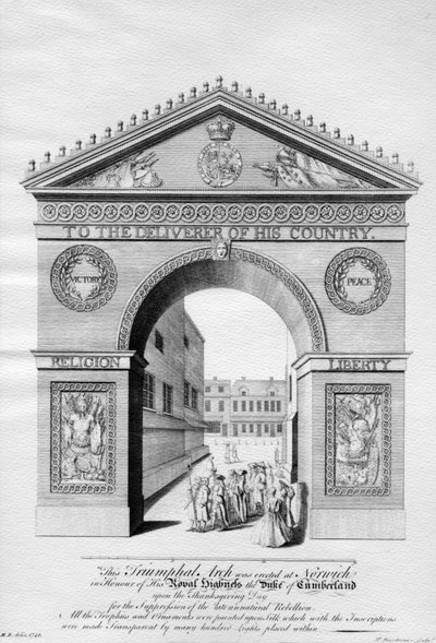Arco trionfale eretto a Norwich in onore del Duca di Cumberland, inciso da Paul Fourdrinier, 1746 da English School