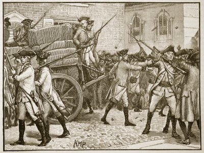 Truppe scortano la carta stampata al Municipio di New York, 1766, illustrazione da Cassells Illustrated History of England da English School