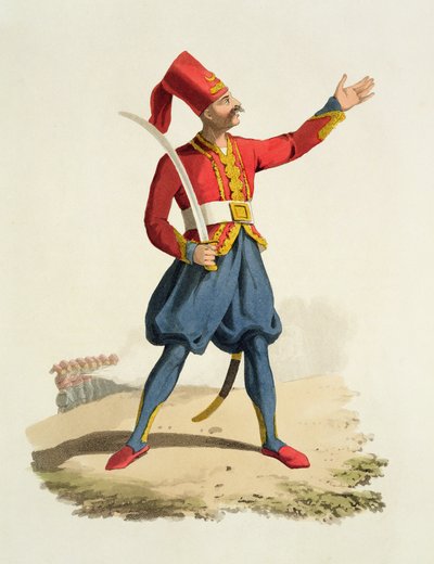 Soldato turco, da Costumi delle varie nazioni, Volume VII, Il costume militare della Turchia, di Thomas MacLean, pubblicato c.1800-18 da English School