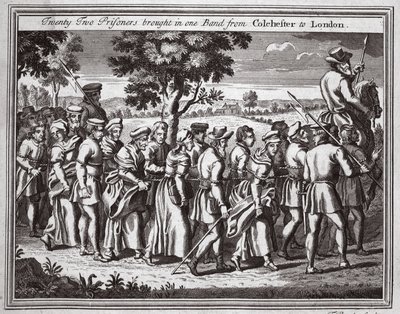Ventidue prigionieri portati in un gruppo da Colchester a Londra, illustrazione da Foxes Martyrs c.1703 da English School