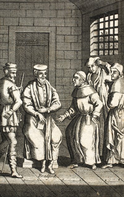 Due frati spagnoli che parlano con Mr Bradford, illustrazione da Foxes Martyrs c.1703 da English School
