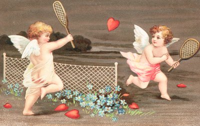 Due cherubini che giocano a tennis con un cuore come pallina da English School
