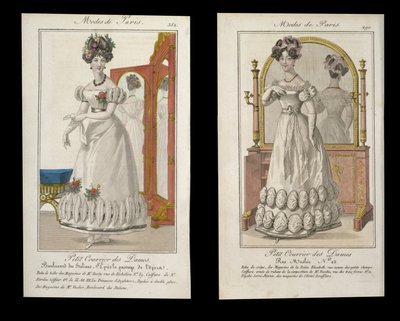 Due tavole di moda di signore in abito da sera, pubblicità da Modes de Paris, c.1825 da English School