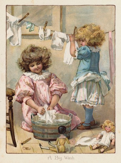 Due bambine che lavano i vestiti delle loro bambole da English School