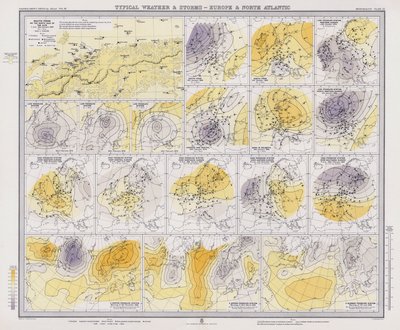 Tempo tipico e tempeste, Europa e Nord Atlantico (litografia a colori) da English School