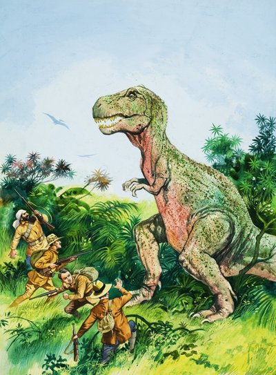 Tyrannosaurus Rex che affronta uomini da English School