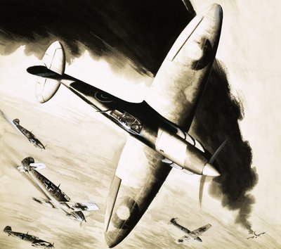 Spitfire non identificato in combattimento con caccia tedeschi da English School