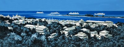 Costa non identificata con villaggio e barche all