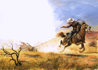 Cowboy non identificato spara a un leone di montagna lasso da English School