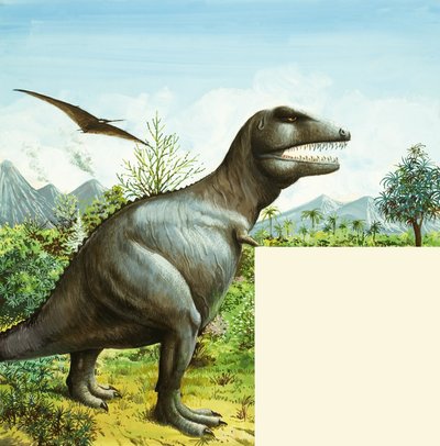 Scena di dinosauri non identificata con T Rex e Pterodattilo da English School
