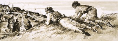 Scena non identificata di due uomini che spiano un campo romano da English School