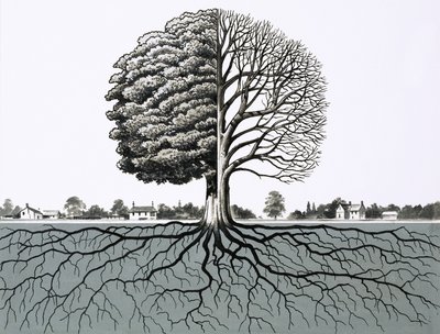 Albero non identificato, metà senza foglie e sistema radicale da English School