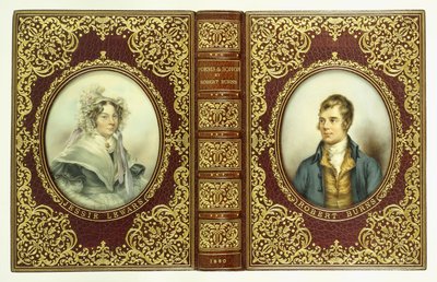 Copertine superiore e inferiore, e dorso, con ritratti ovali di Robert Burns e Jessie Lewars da English School