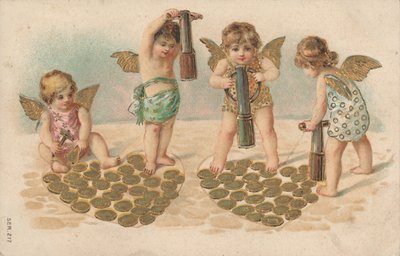 Biglietto di San Valentino, putti che timbrano cuori da English School