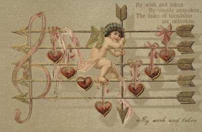 Biglietto di San Valentino, con Cupido, freccia e spartito musicale da English School