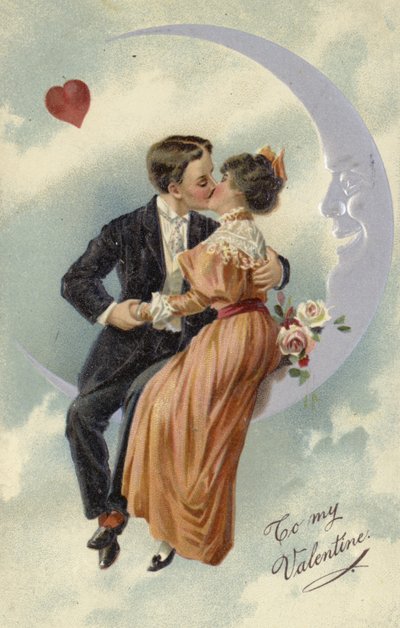 Biglietto di San Valentino, con coppia che si bacia sulla luna da English School