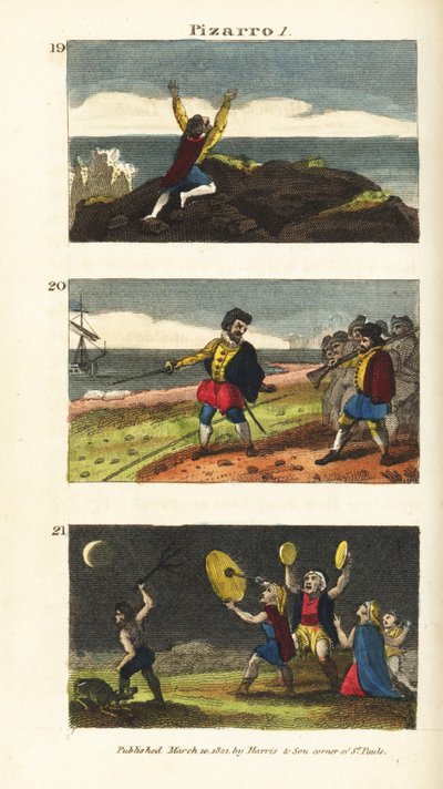 Vasco Nunez de Balboa che raggiunge il Pacifico, Francisco Pizarro che separa i suoi uomini con una linea nella sabbia sull
