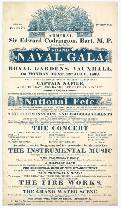 Giardini di Vauxhall, grande gala navale, ammiraglio Sir Edward Codrington da English School