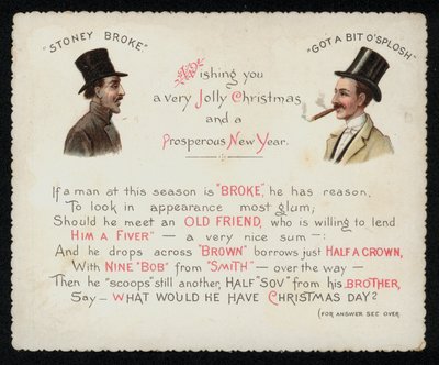 Verso che consiglia agli uomini senza soldi di cercare i loro amici ricchi a Natale per prendere in prestito del denaro, biglietto di auguri da English School