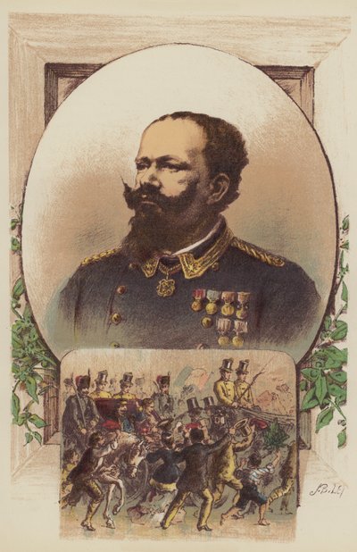 Vittorio Emanuele, Garibaldi e il Re a Napoli (litografia a colori) da English School