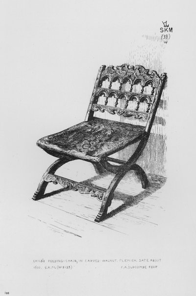 Sedia pieghevole per bambini, in noce intagliato, fiamminga, circa 1600 da English School
